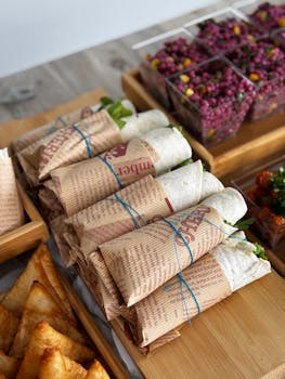 A variety of wrapped sandwiches and colorful salads served on bamboo trays.